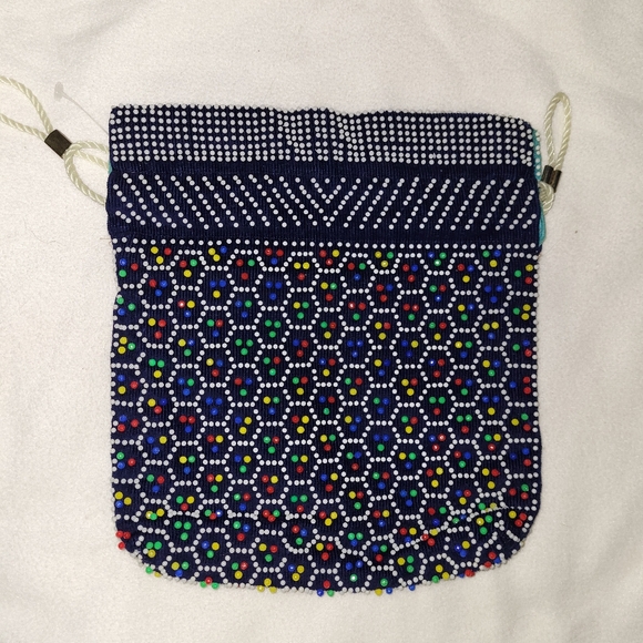 Reversible Drawstring Black or Sky Blue Beaded Pouch Purse Bag 8.5" x 9.5" - Picture 1 of 11